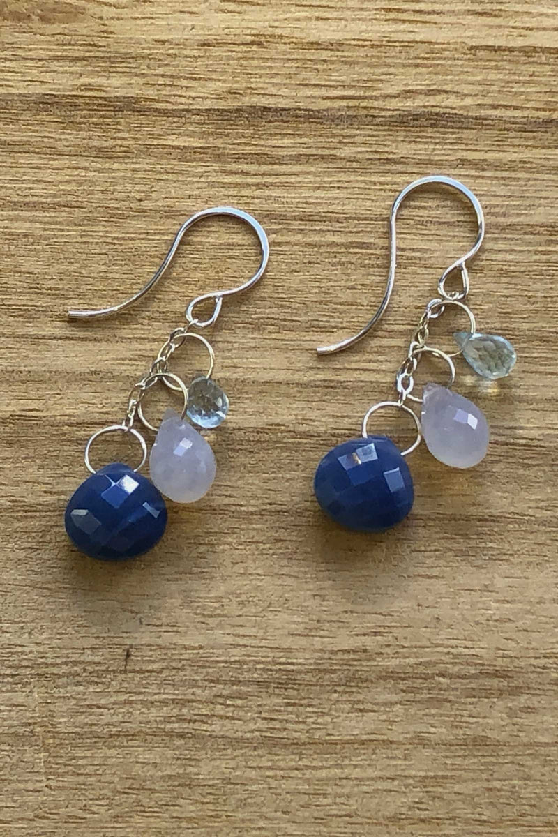 Melissa Joy Manning Sterling Silver Blue Topaz, Chalcedony, Blue Opal Triple Drop Earrings