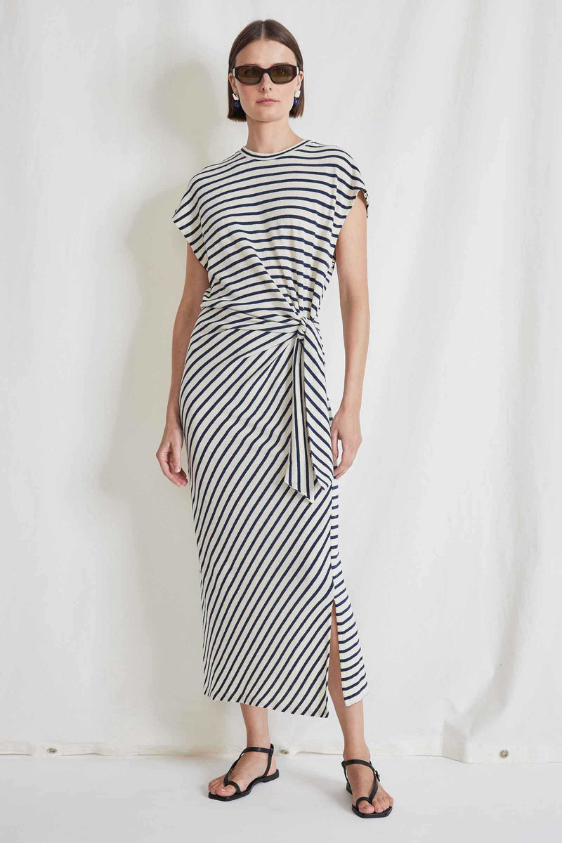 Apiece Apart Vanina Cinched Waist Dress in Navy Cream Stripe