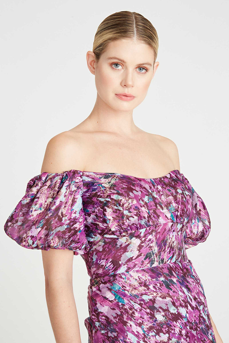 Monique Lhuillier Off The Shoulder Midi Dress in Painted Blur
