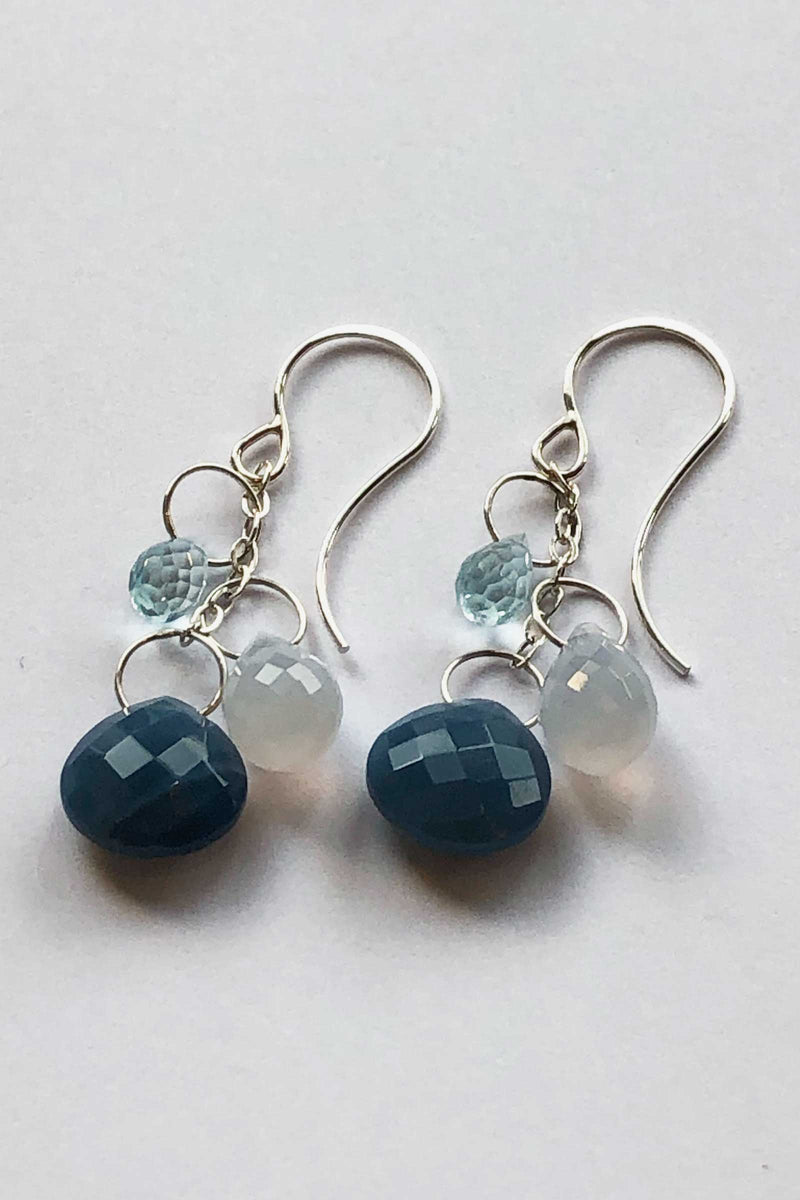 Melissa Joy Manning Sterling Silver Blue Topaz, Chalcedony, Blue Opal Triple Drop Earrings