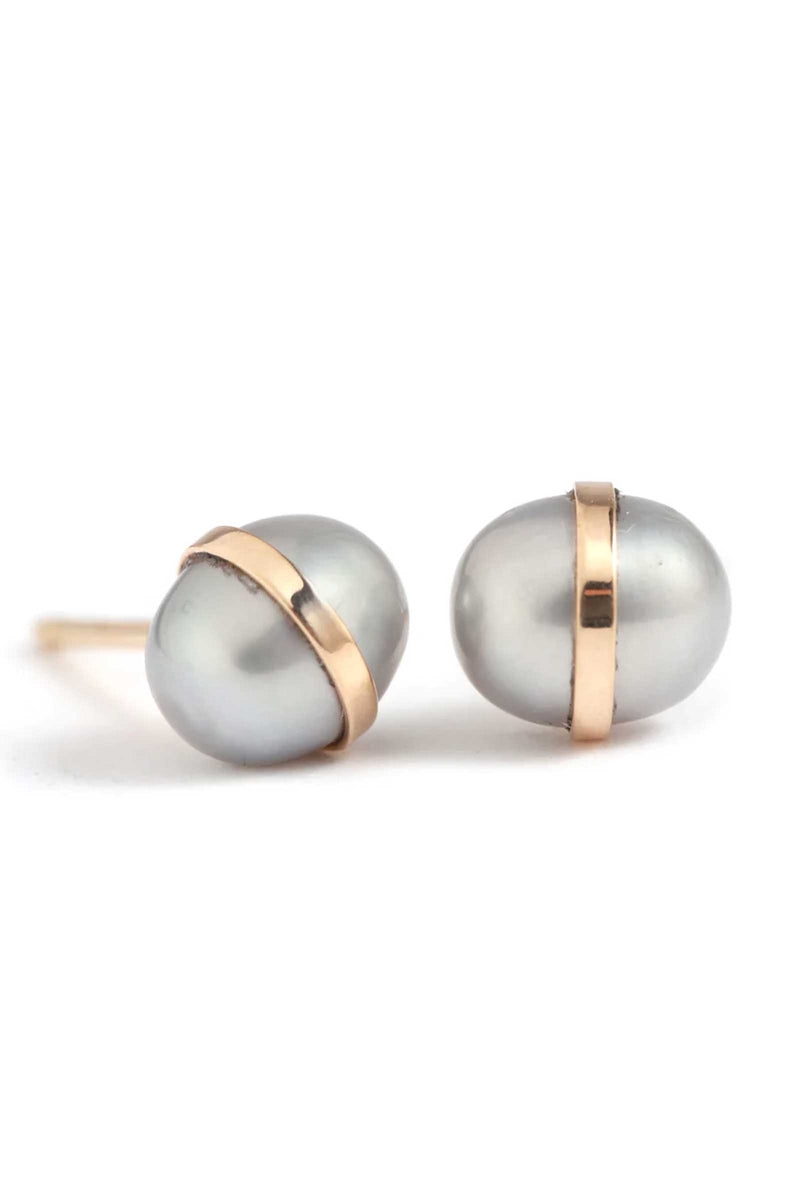 Melissa Joy Manning Limited Edition 14K Gold Bezel Grey Pearl Stud Earrings