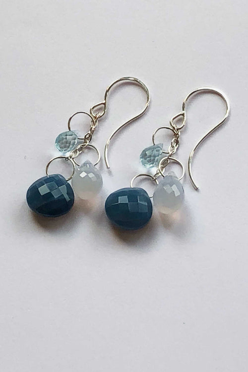 Melissa Joy Manning Sterling Silver Blue Topaz, Chalcedony, Blue Opal Triple Drop Earrings