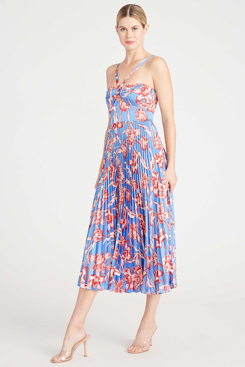Monique Lhuillier Sleeveless Satin Midi Dress in Parrot Tulip