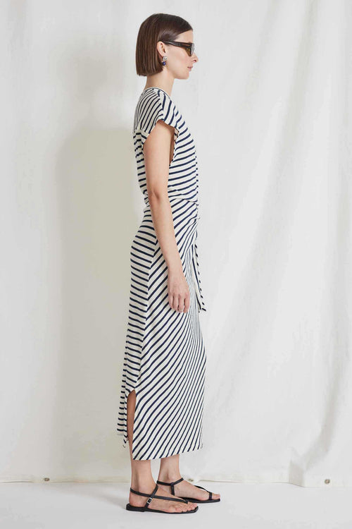 Apiece Apart Vanina Cinched Waist Dress in Navy Cream Stripe