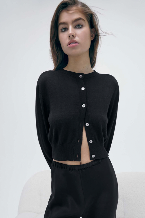 Silk Laundry Cropped Cardigan in Black