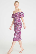 Monique Lhuillier Off The Shoulder Midi Dress in Painted Blur