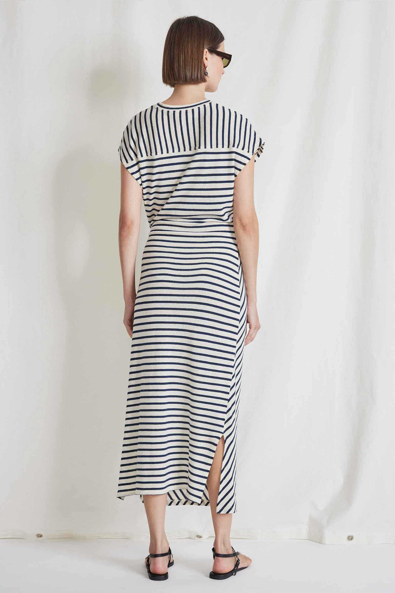 Apiece Apart Vanina Cinched Waist Dress in Navy Cream Stripe