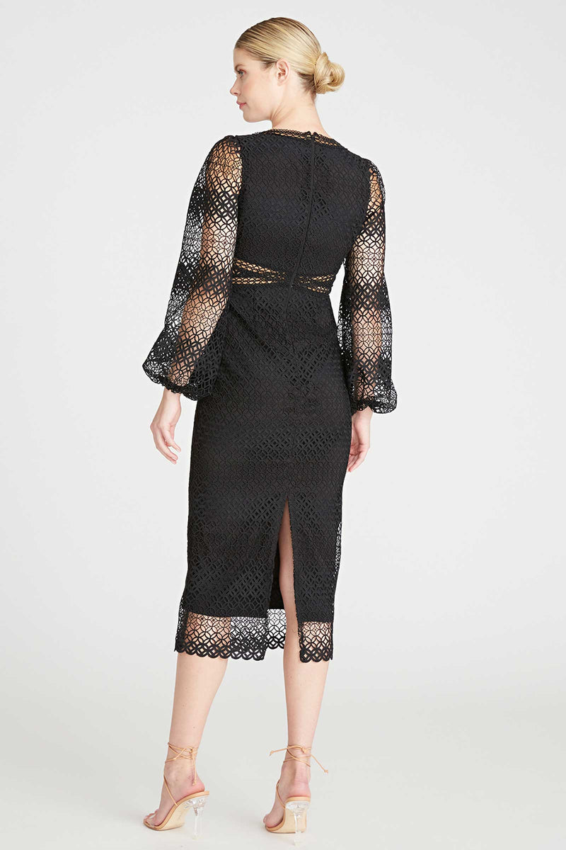 Monique Lhuillier 3/4 Sleeve Lace Midi Dress in Black