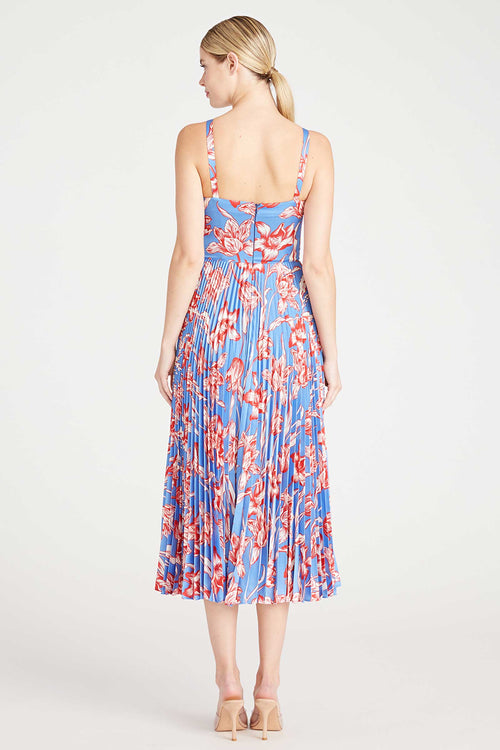 Monique Lhuillier Sleeveless Satin Midi Dress in Parrot Tulip