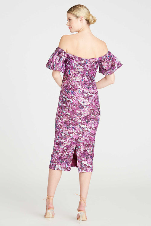 Monique Lhuillier Off The Shoulder Midi Dress in Painted Blur