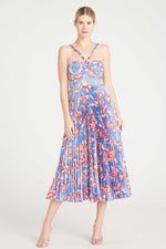Monique Lhuillier Sleeveless Satin Midi Dress in Parrot Tulip