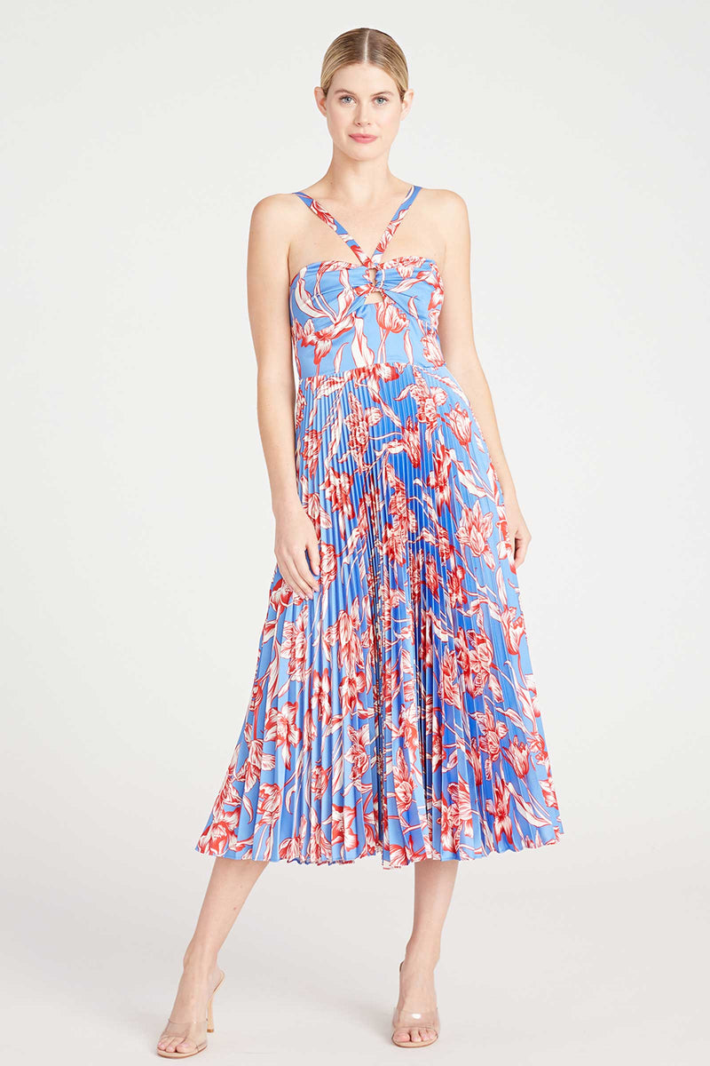 Monique Lhuillier Sleeveless Satin Midi Dress in Parrot Tulip