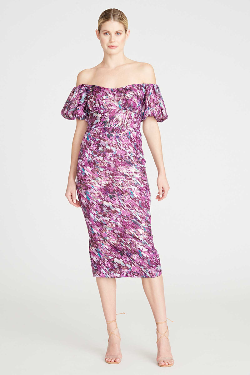 Monique Lhuillier Off The Shoulder Midi Dress in Painted Blur