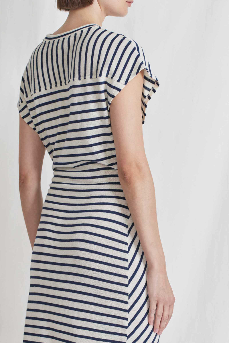 Apiece Apart Vanina Cinched Waist Dress in Navy Cream Stripe