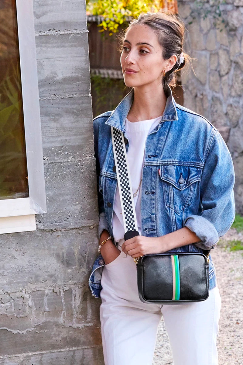 Clare V Black Cream Checker Crossbody Strap