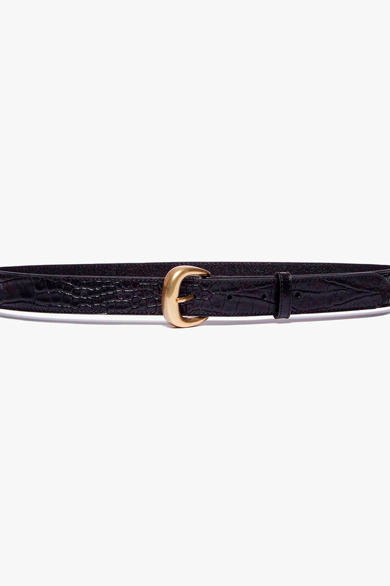 Frame Timeless Buckle Belt in Noir Croc w/ Gold Hardware