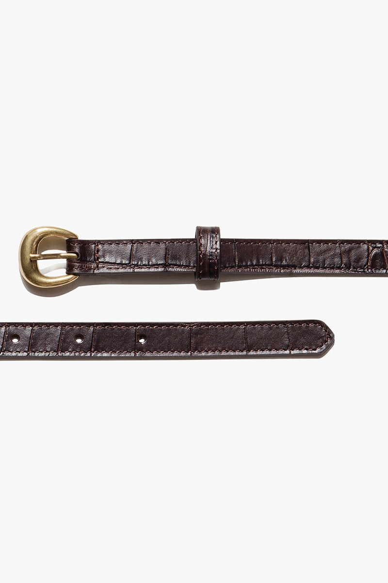 Frame Timeless Buckle Belt in Dark Chocolate Croc w/ Gold Hardware