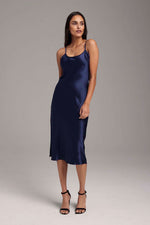Voz Midi Silk Slip Dress in Navy