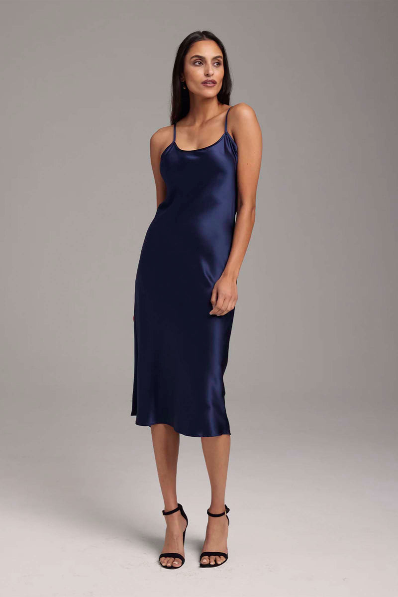 Voz Midi Silk Slip Dress in Navy