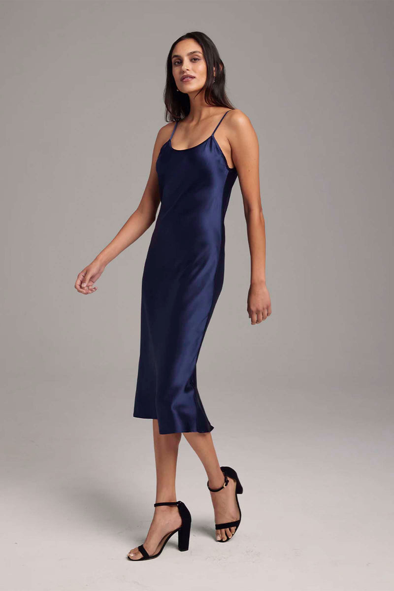Voz Midi Silk Slip Dress in Navy