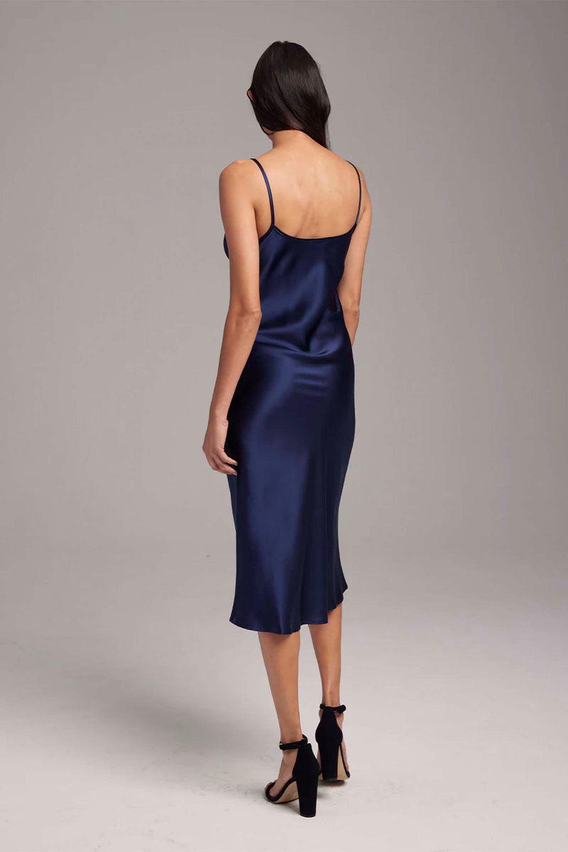 Voz Midi Silk Slip Dress in Navy